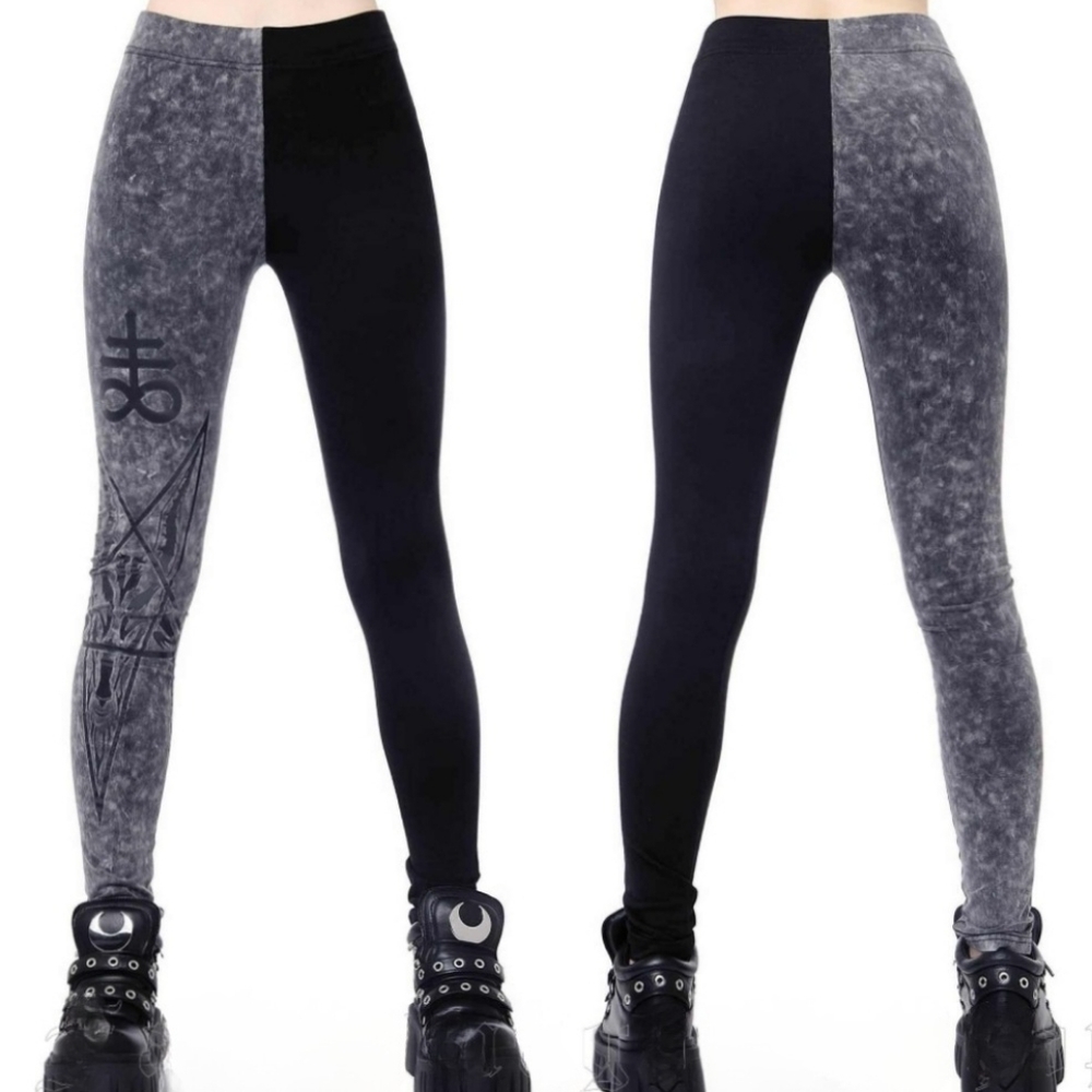 Killstar ✦ Two-Faced Witch Graphic Leggings ✦ Black Grey Contrast Split-Leg XS - Picture 3 of 9